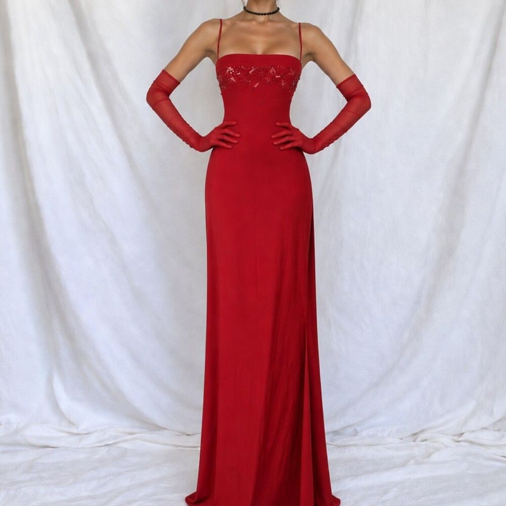 Vintage Y2K 90s Red Knit Bodycon Sequin Formal Prom Side Slit Maxi Dress M